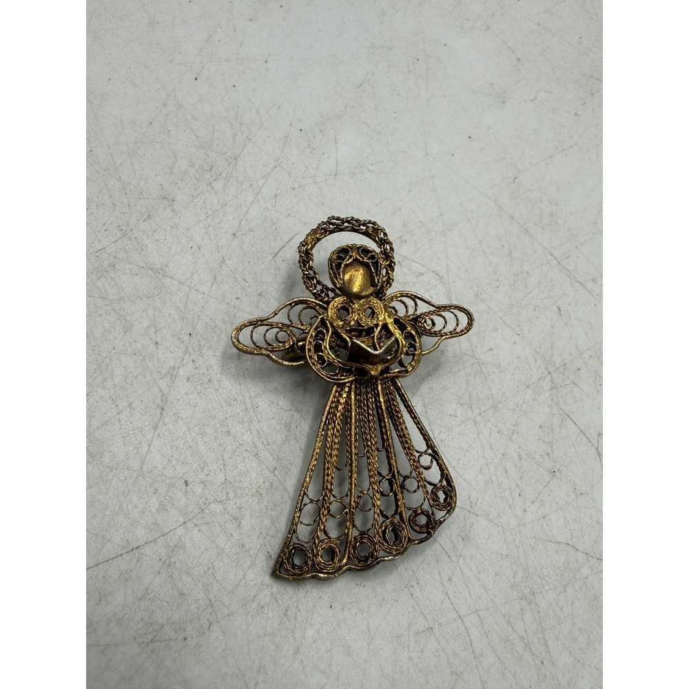 Vintage Gold Tone Filigree Angel Brooch Pin Heart Halo Religious Jewelry